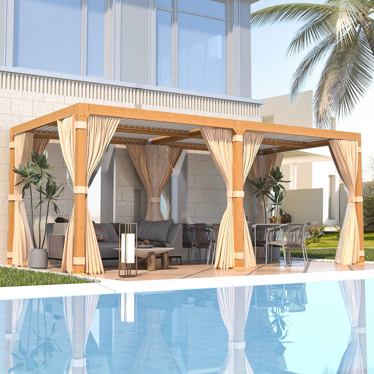 EROMMY Louvered Pergola 10' x 20' Outdoor Hard Top Gazebo with Wooden Grain Aluminum Frame and Adjustable Metal Rainproof Roof for Garden & Patio, EROMMY