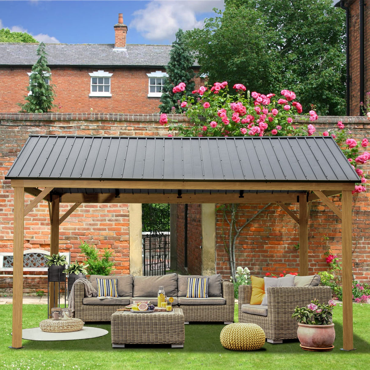 Domi 12’x14’ Hardtop Gazebo Outdoor Aluminum Gazebo with Galvanized Steel Gable Roof for Lawn and Garden(Wood-Looking) domi outdoor living