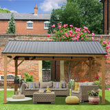 Domi 12’x14’ Hardtop Gazebo Outdoor Aluminum Gazebo with Galvanized Steel Gable Roof for Lawn and Garden(Wood-Looking) domi outdoor living