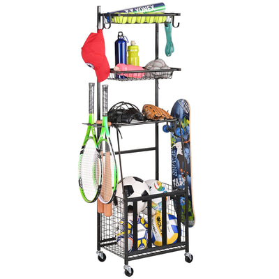 PLKOW Alloy Steel Sports Equipment Storage, Indoor/Outdoor Sports Rack, Ball Storage Organizer with Basket and Hooks For Toy/Sports Gear for Garage