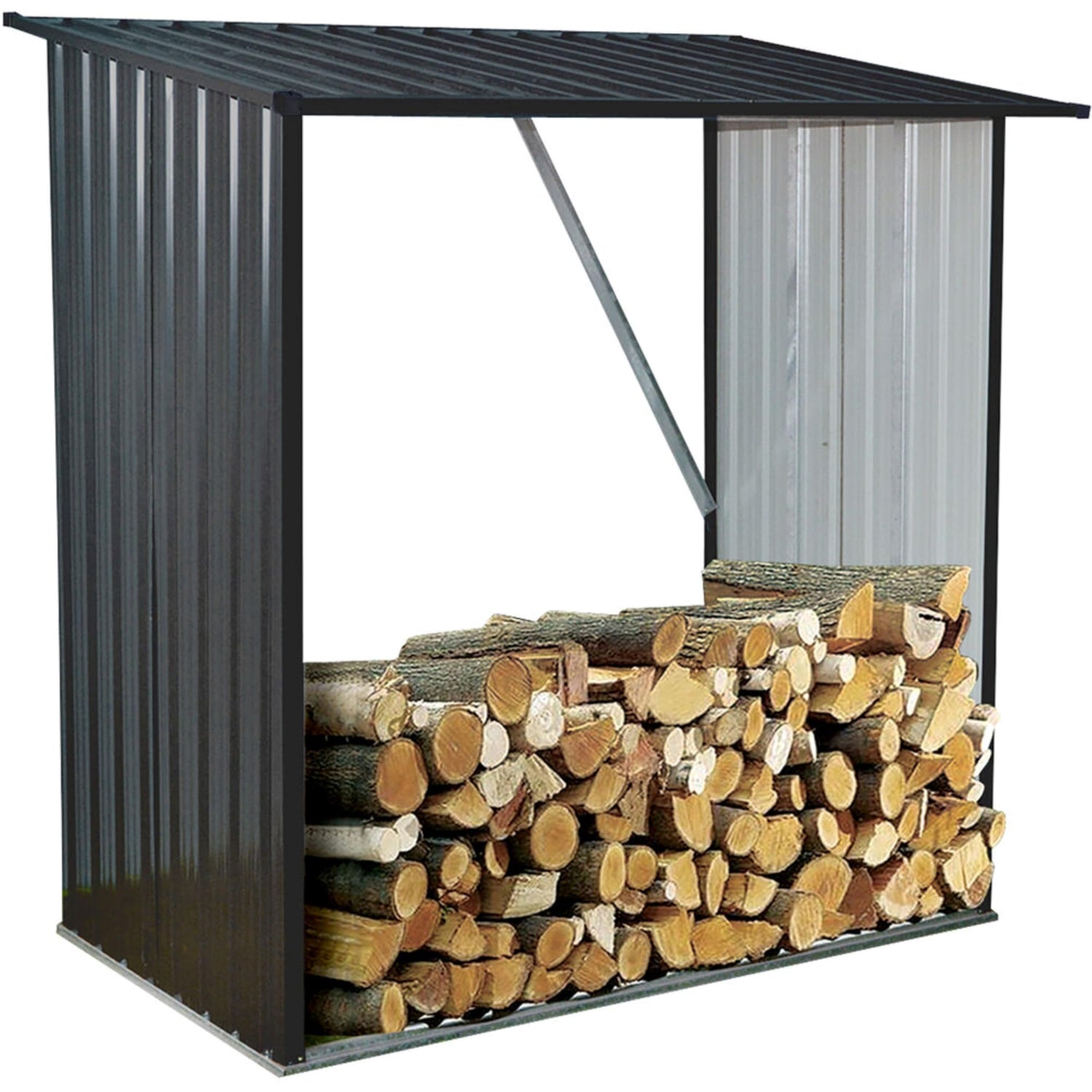 Hanover Indoor or Outdoor Steel Firewood Rack, Weather Resistant Open Wood Shed with Sloped Roof for Firewood, Pellet, or Lumber Storage, 5.3-Ft. x Hanover