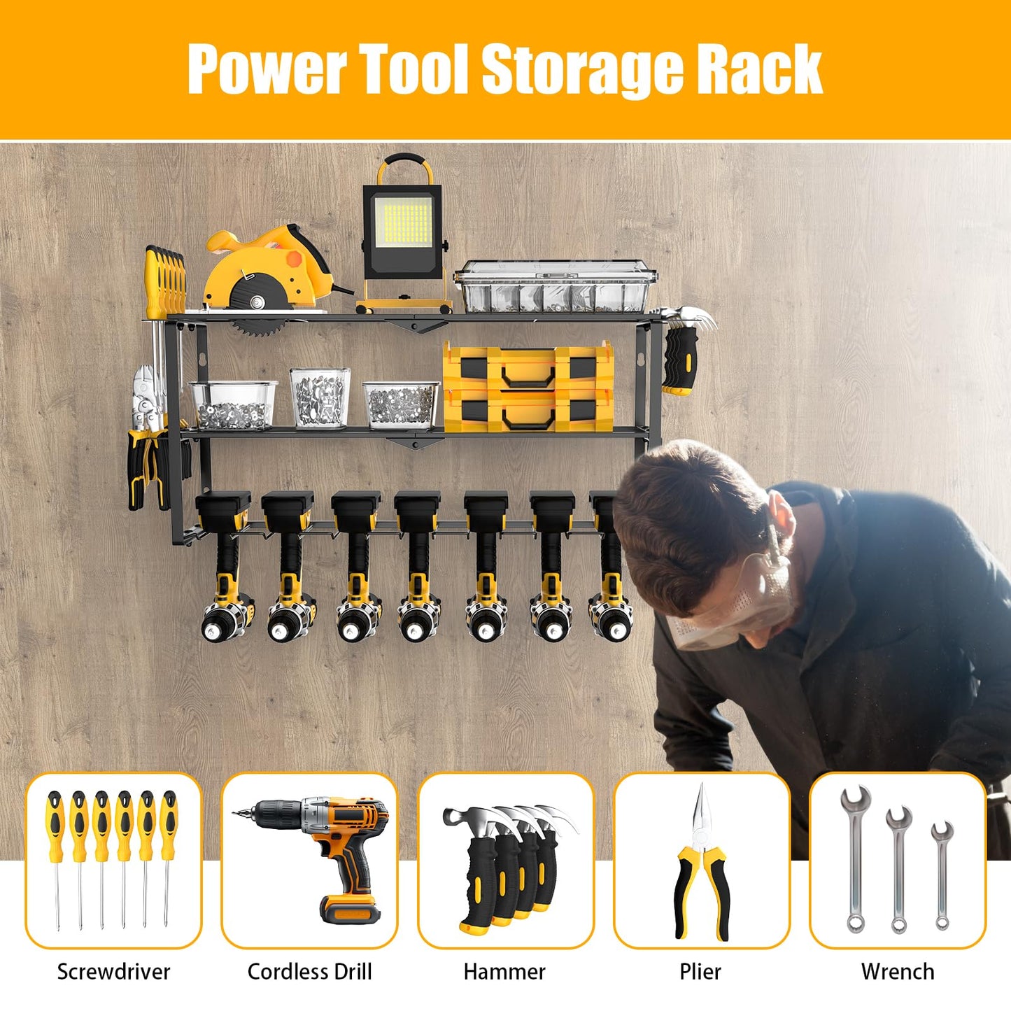 Power Tool Organizer Wall Mount, 7 Drill Holder Cordless Power Tool Wall Organizer, 3 Layers Power Tool Holder and Power Tool Storage Rack with