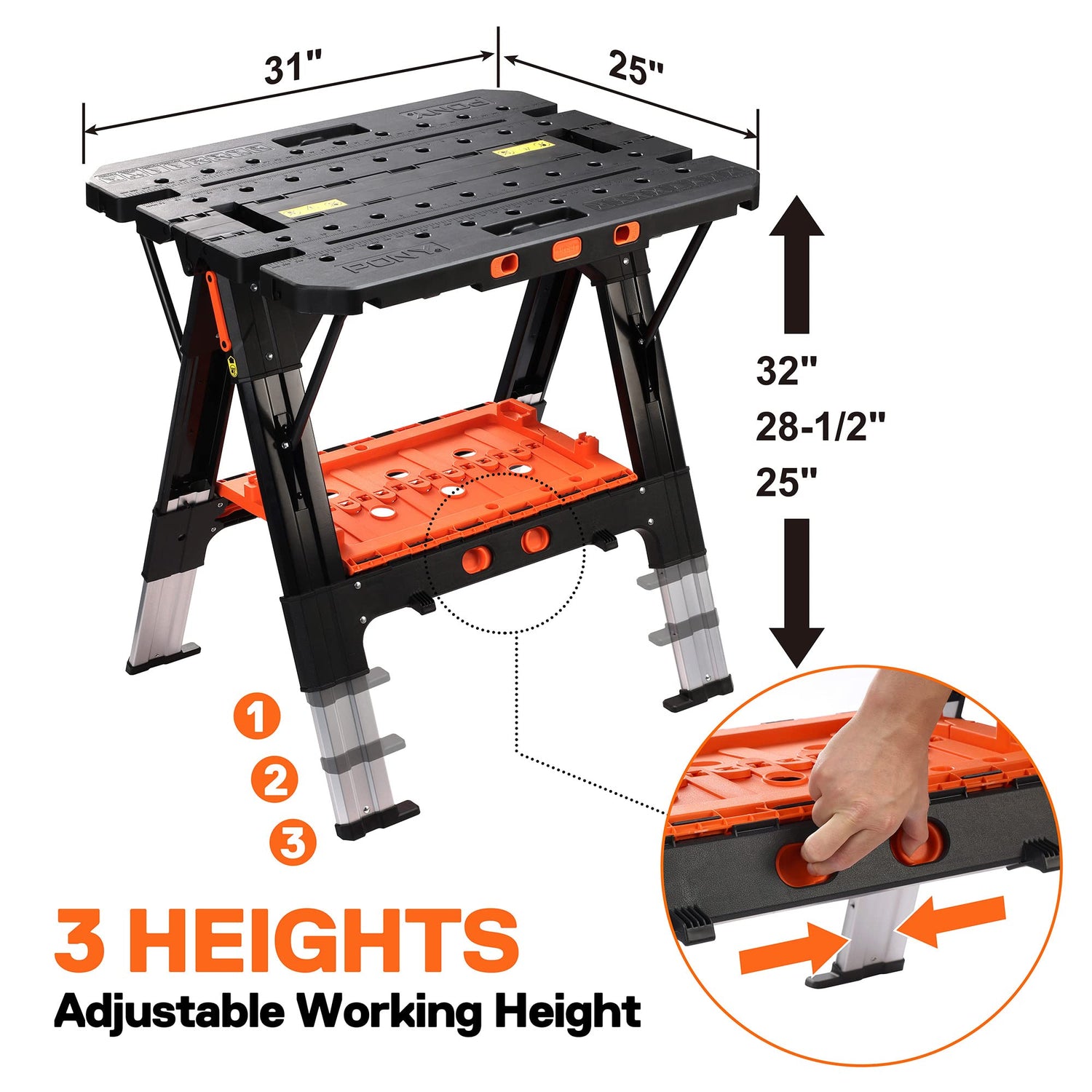 Pony Portable Folding Work Table, 2-in-1 as Sawhorse & Workbench, Load Capacity 1000 lbs-Sawhorse & 500 lbs-Workbench, 31” W×25” D×25”-32”H, with Jorgensen