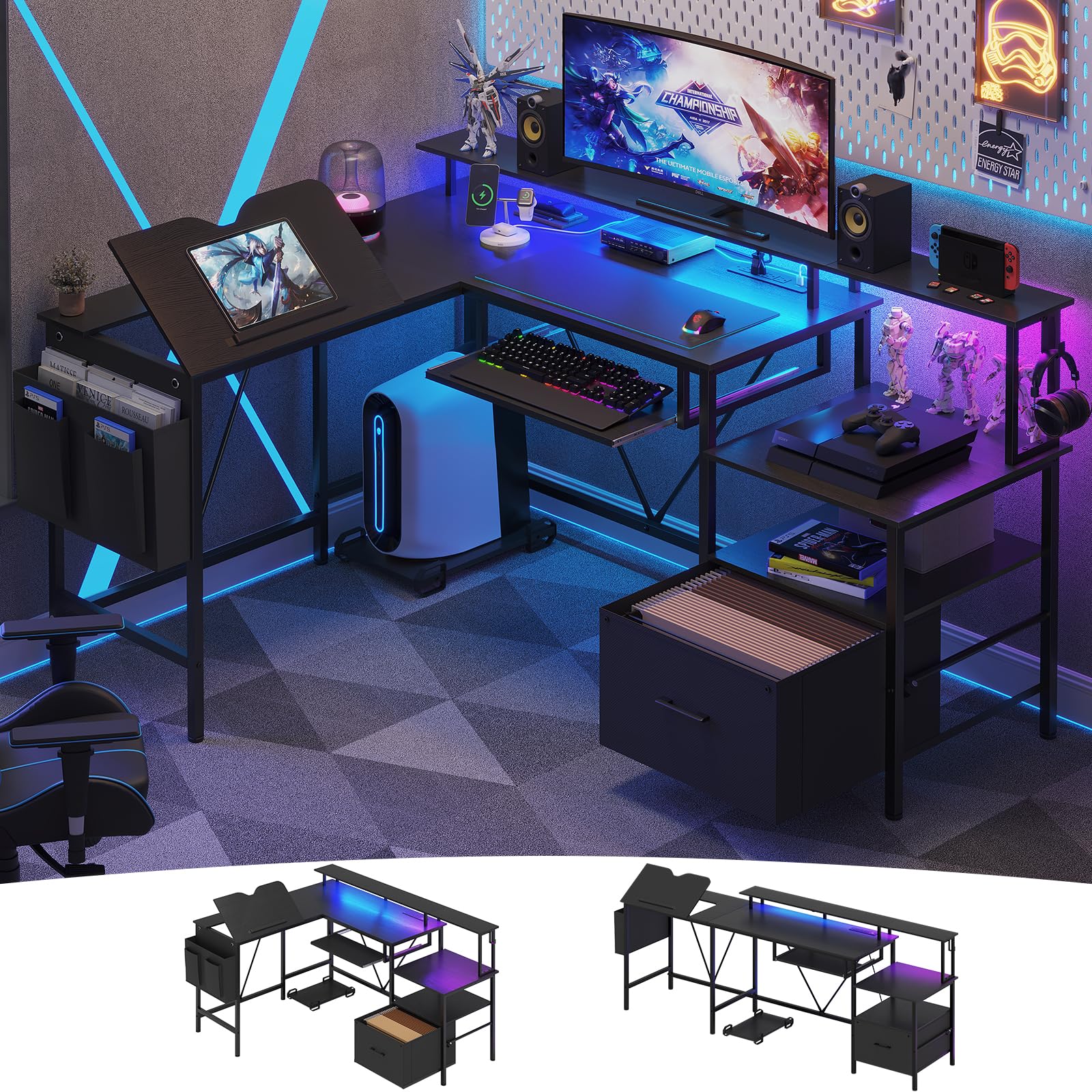 VIGKOOK L Shaped Gaming Desk, Adjustable Drafting Table, Reversible Corner Office Desk with Storage, Power Outlet LED Light File Cabinet Keyboard - WoodArtSupply