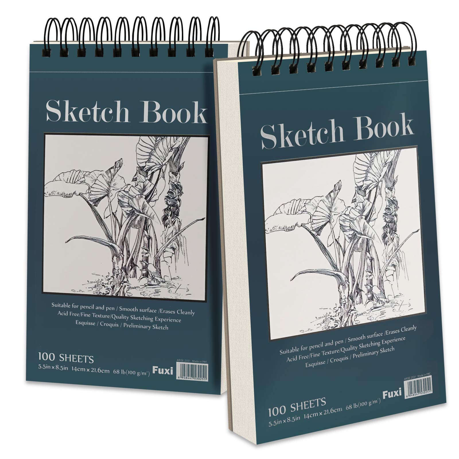 5.5" x 8.5" Sketchbook Set, Top Spiral Bound Sketch Pad, 2 Packs 100-Sheets Each (68lb/100gsm), Acid Free Art Sketch Book Artistic Drawing Painting - WoodArtSupply