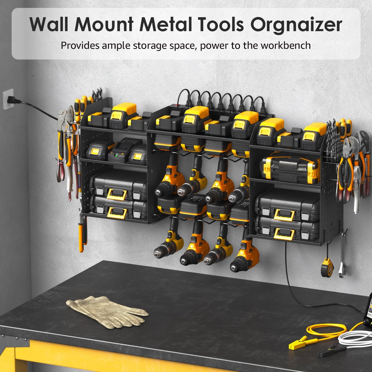 CCCEI Black Tools Organizer Wall Mount Charging Station, Power Tool Battery Storage Rack Built-in Power Strip. 8 Drill Holder, All Metal, Garage - WoodArtSupply