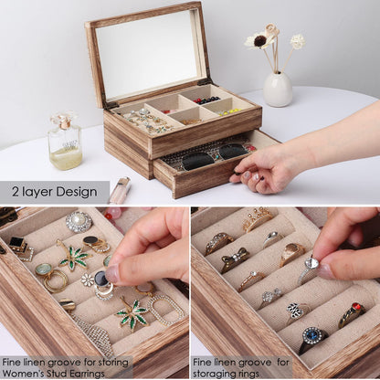 Meangood Jewelry Box Organizer for Women, 2 Layer Large Jewelry Storage Case, Rustic Wooden Jewelry Box with Mirror & Ring Tray for Necklace Earring