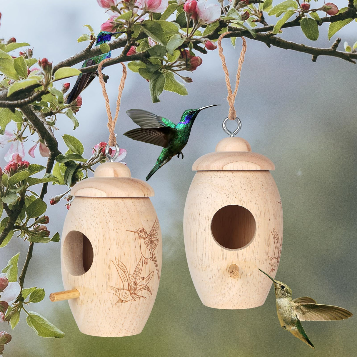 Hummingbird House, 2 PCS Wooden Hummingbird Houses for Outside for Nesting, Screwable Cover Hummingbird Houses with Red Ribbons, Gardening Gifts Home LOTKEY
