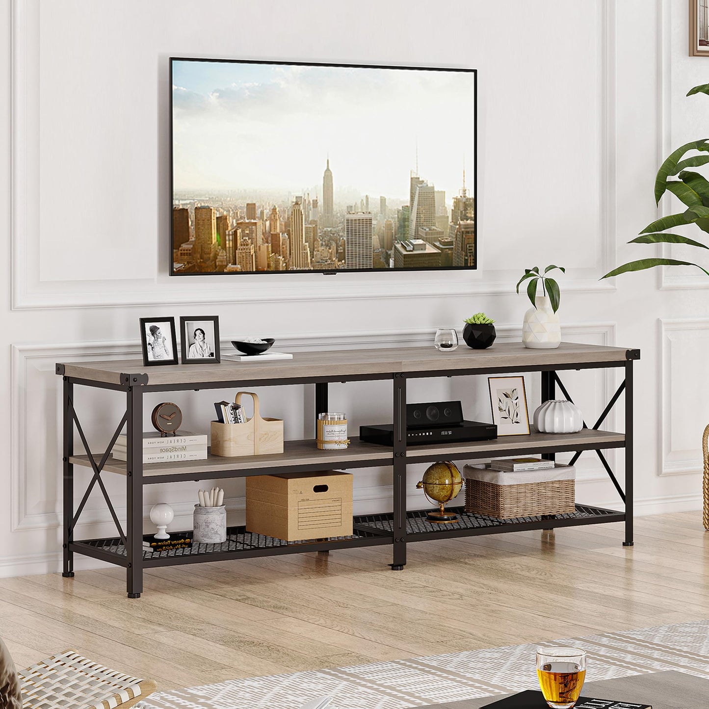 IDEALHOUSE TV Stand for 65 70 Inch TV, Industrial Entertainment Center TV Media Console Table, Farmhouse TV Stand with Storage Shelves, Gray TV