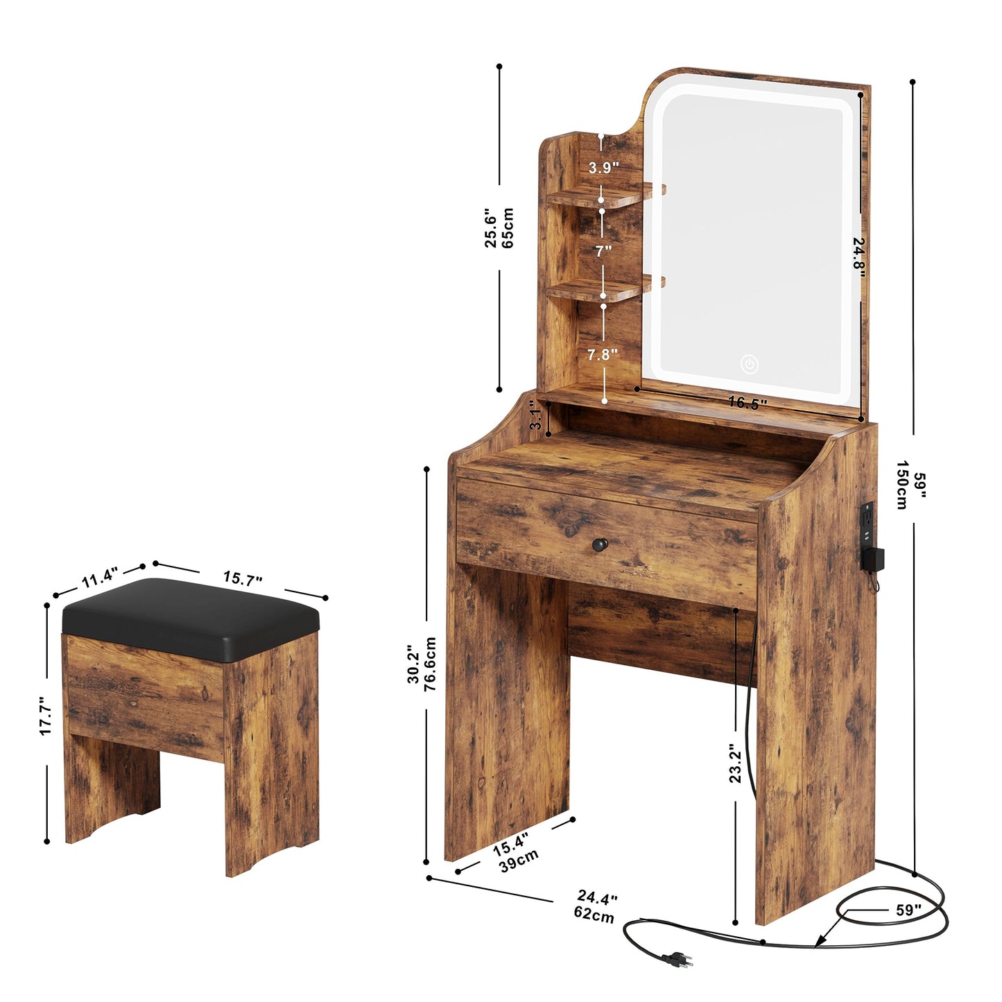 LIKIMIO Small Makeup Vanity Desk with Mirror and Lights, Vanity Table Set with Storage Drawer & Chair & 3 Shelves, Bedroom, Vintage Brown - WoodArtSupply