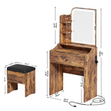 LIKIMIO Small Makeup Vanity Desk with Mirror and Lights, Vanity Table Set with Storage Drawer & Chair & 3 Shelves, Bedroom, Vintage Brown LIKIMIO