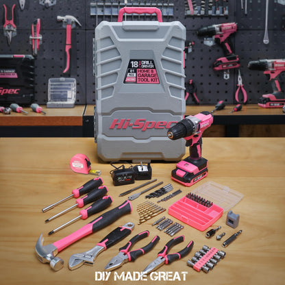 Hi-Spec 81pc Pink 18V Cordless Power Drill Driver. Complete Home & Garage Hand Tool Kit Set for DIY - WoodArtSupply