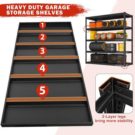 REIBII 48.2" W Garage Shelving 3000LBS Heavy Duty Storage Shelves Adjustable 5 Tier Metal Shelves for Storage Garage Shelf Industrial Shelving Unit REIBII