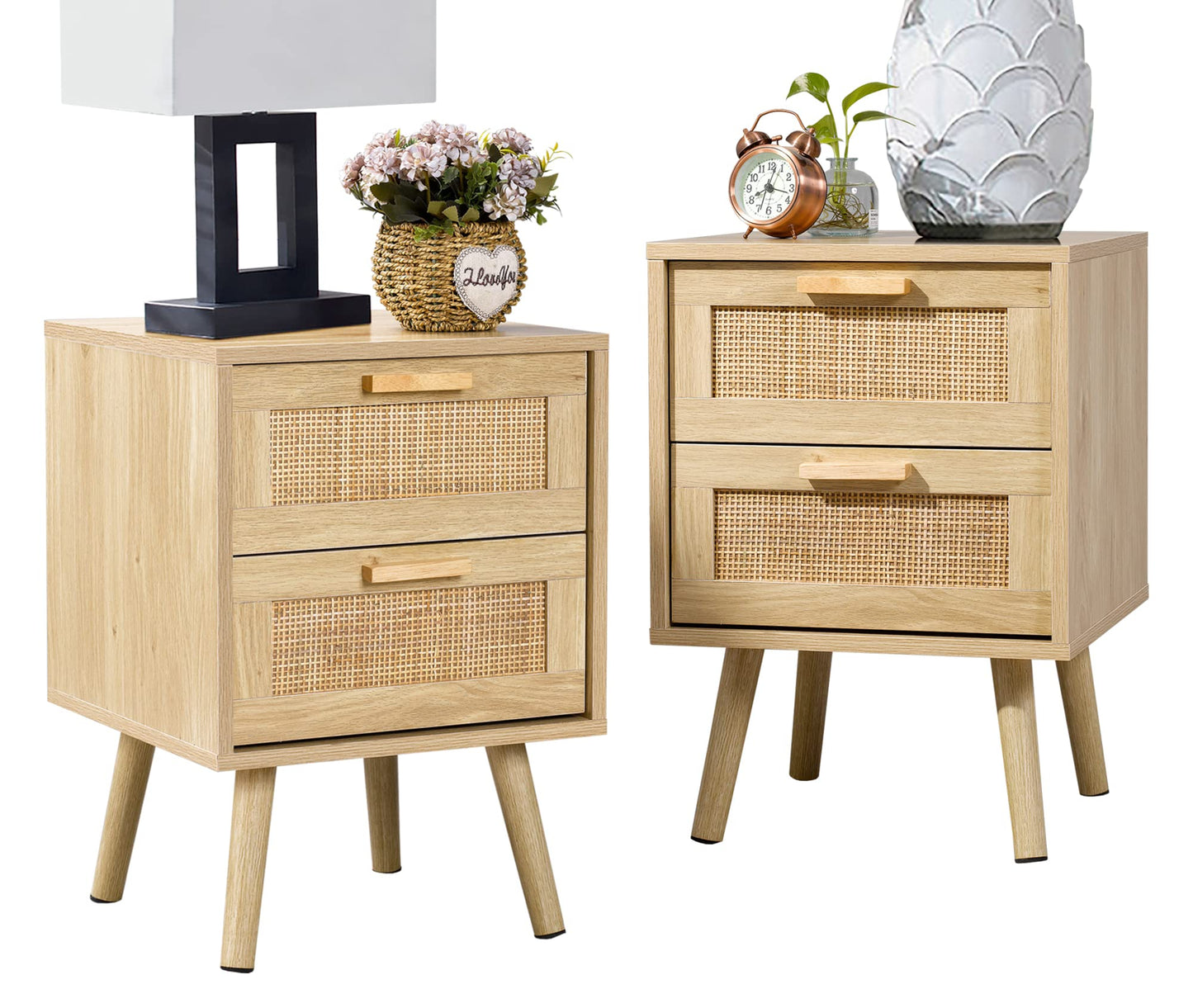 Finnhomy Nightstand, End Table, Side Table with 2 Hand Made Rattan Decorated Drawers, Nightstands Set of 2, Wood Accent Table with Storage for