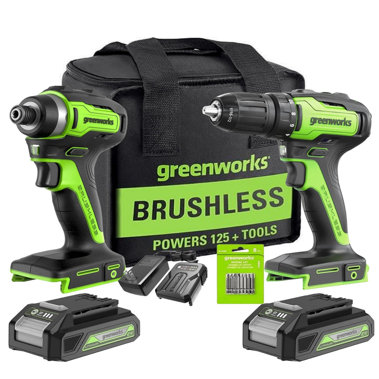 Greenworks 24V Brushless Cordless Drill Impact Driver Combo kit, 1/2”Drill & 1/4”Hex Impact Driver Power Tool Kit, Included 2 * 1.5Ah Batteries, Fast Greenworks