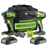 Greenworks 24V Brushless Cordless Drill Impact Driver Combo kit, 1/2”Drill & 1/4”Hex Impact Driver Power Tool Kit, Included 2 * 1.5Ah Batteries, Fast Greenworks