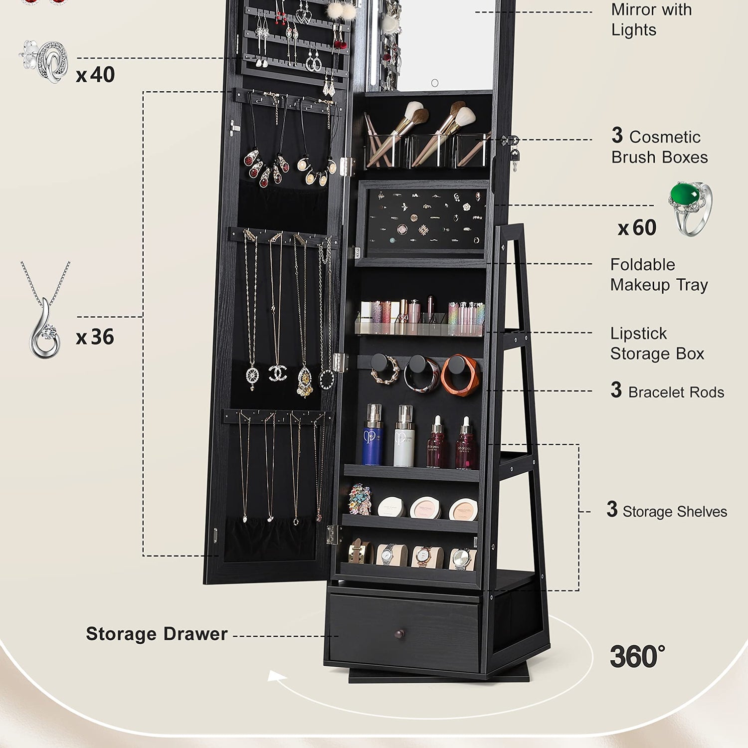 Nicetree 360° Swivel Jewelry Cabinet with Lights, Touch Screen Vanity Mirror, Rotatable Full Length Mirror with Jewelry Storage, Standing Jewelry Nicetree