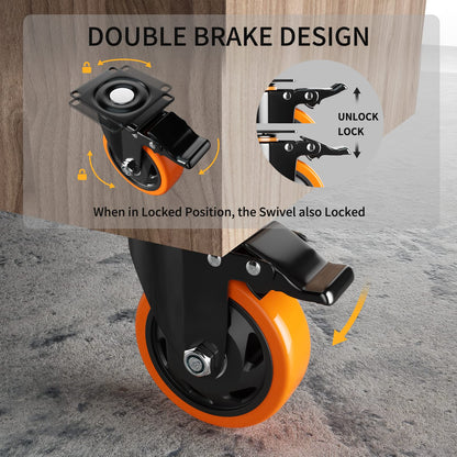 4 Inch Caster Wheels, Casters Set of 4, Heavy Duty Casters with Brake 2200 Lbs, Locking Industrial Swivel Top Plate Casters Wheels for Furniture and