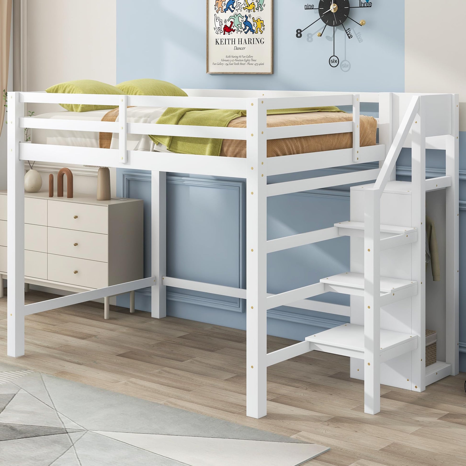 Harper & Bright Designs Full Size White Loft Bed with Stairs and Storage Wardrobe for Kids, Teens, and Adults - WoodArtSupply