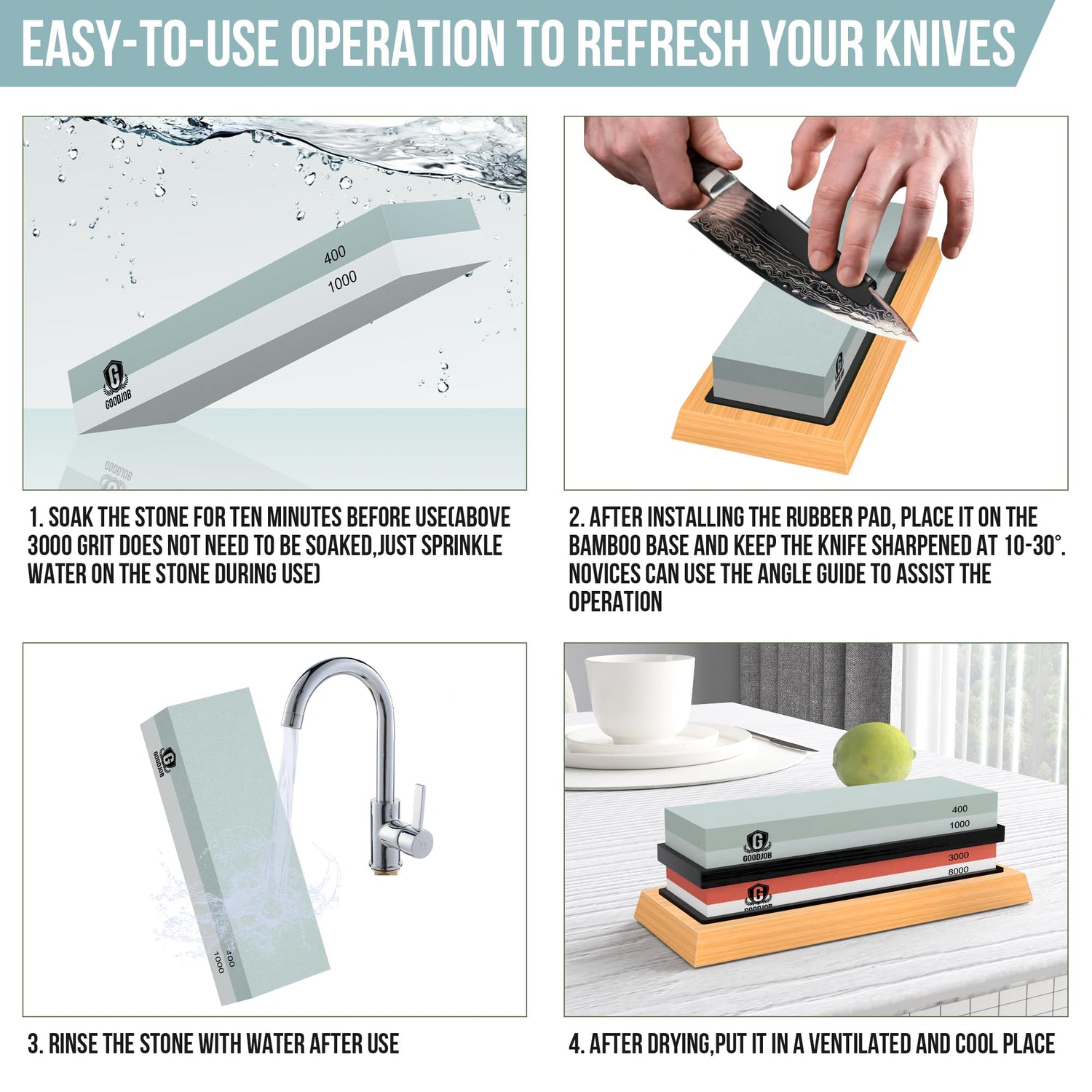 Complete Knife Sharpening Stone Kit - Goodjob Premium Japanese Whetstone Knife Sharpener Tool - Dual Grit 400/1000 3000/8000 Wet stone with Cut goodjob