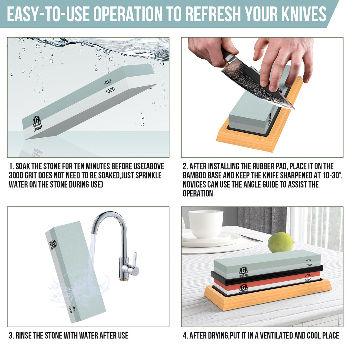 Complete Knife Sharpening Stone Kit - Goodjob Premium Japanese Whetstone Knife Sharpener Tool - Dual Grit 400/1000 3000/8000 Wet stone with Cut goodjob