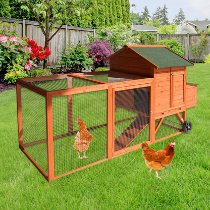 96" Deluxe Large Wooden Chicken Coop Hen House on Wheels Indoor Outdoor Rabbit Hutch Poultry Cage w/Nesting Box and Removable Tray & Ramps