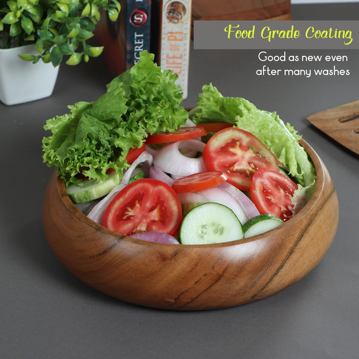 LAVAUX DESIGNS Acacia wooden salad bowls set of 2, large individual bowls 8 x 2 inches (25 oz) with Food safe wood coating | Jointless plates type LAVAUX DESIGNS