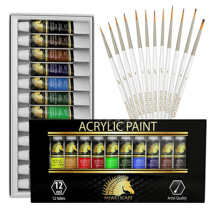 MyArtscape Artist Quality Painting Set - Acrylic Paint - 12 x 12ml Tubes with Miniature Paint Brushes - Set of 12 for Detail & Fine Point Painting - WoodArtSupply