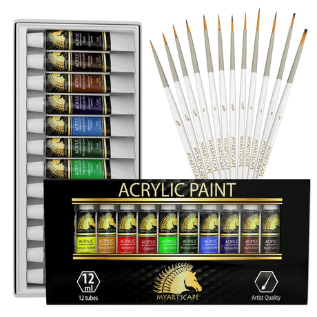 MyArtscape Artist Quality Painting Set - Acrylic Paint - 12 x 12ml Tubes with Miniature Paint Brushes - Set of 12 for Detail & Fine Point Painting MyArtscape
