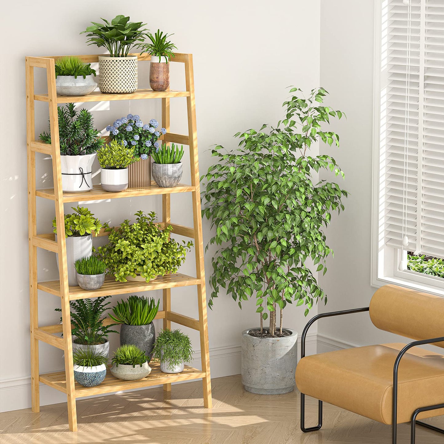 Homykic Bamboo Bookshelf 4-Tier Ladder Shelf, 49.2” Freestanding Open Bookcase Book Shelf Bathroom Storage Shelf Unit Plant Stand for Small Space,