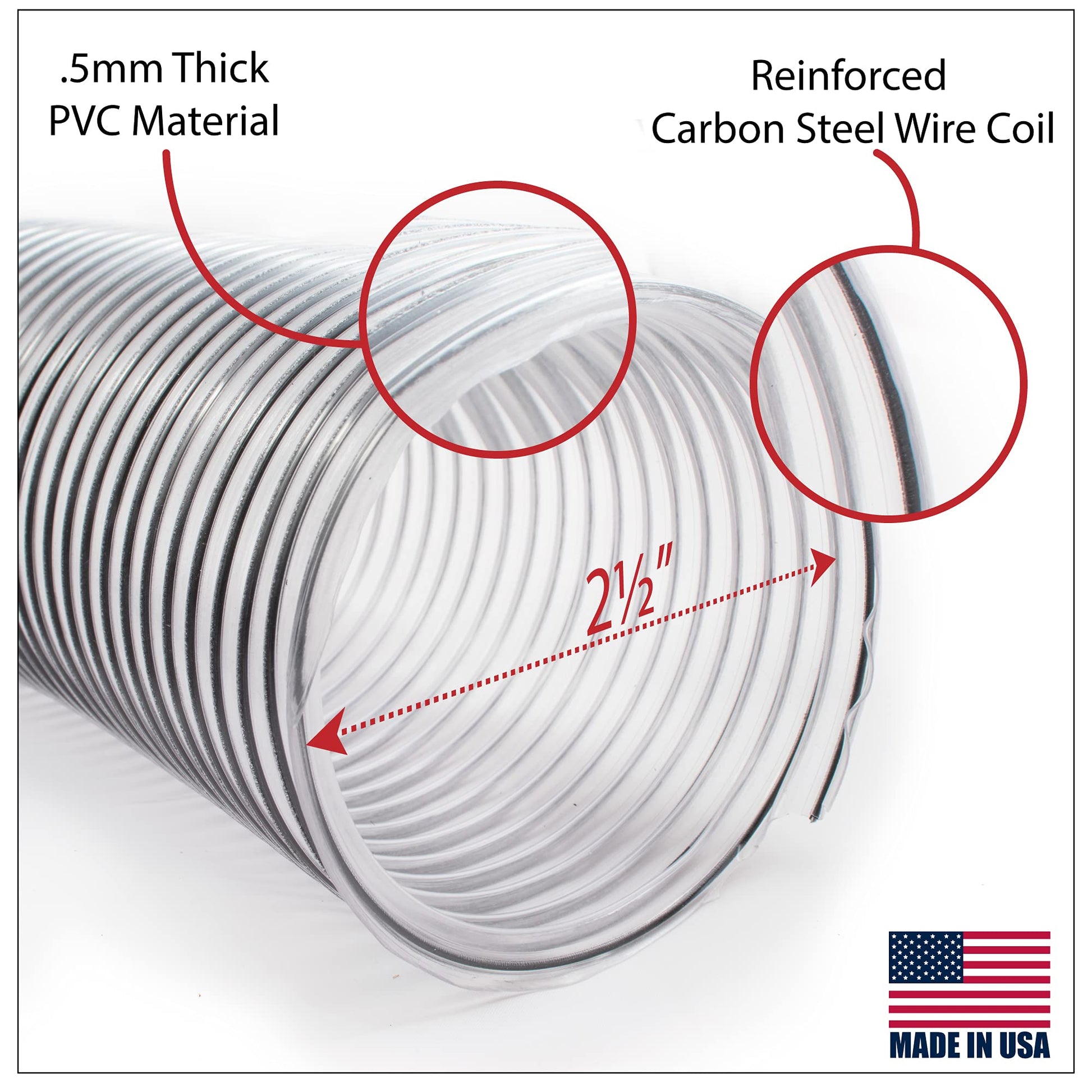 2-1/2 inch Diameter by 10 foot Long PVC Dust/Debris Collection Hose MADE IN THE USA with 2 each 2.5 inch Turnkey Stainless Steel Hose Clamps - WoodArtSupply