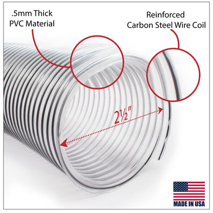 2-1/2 inch Diameter by 10 foot Long PVC Dust/Debris Collection Hose MADE IN THE USA with 2 each 2.5 inch Turnkey Stainless Steel Hose Clamps - WoodArtSupply