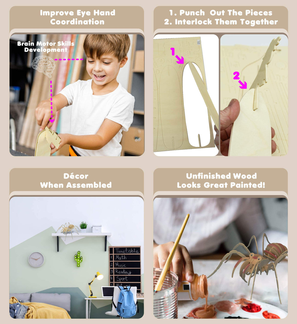 Puzzled 3D Puzzle Tarantula Spider Wood Craft Construction Model Kit, Fun & Educational DIY Wooden Toy Assemble Model Unfinished Crafting Hobby Puzzled