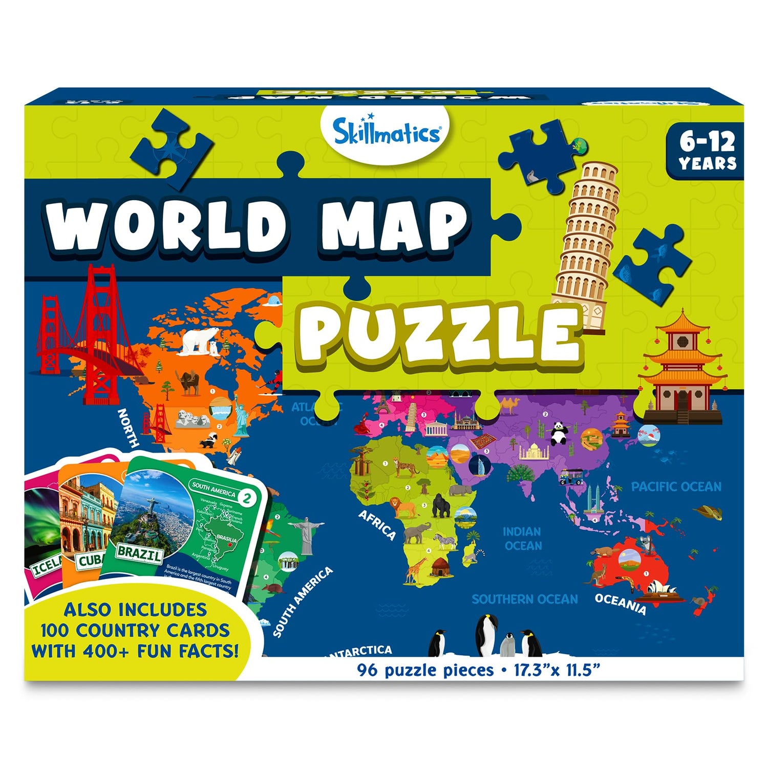Skillmatics World Map Puzzle - 96 Piece Jigsaw Puzzle, Educational Toy, Geography for Kids, 400+ Facts, Gifts for Boys & Girls Ages 6 to 12 Skillmatics