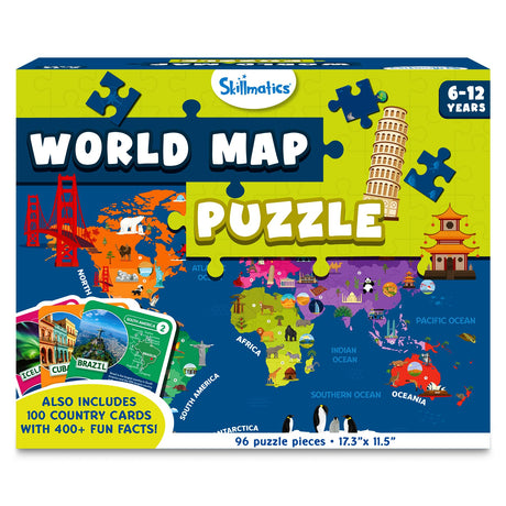 Skillmatics World Map Puzzle - 96 Piece Jigsaw Puzzle, Educational Toy, Geography for Kids, 400+ Facts, Gifts for Boys & Girls Ages 6 to 12 Skillmatics