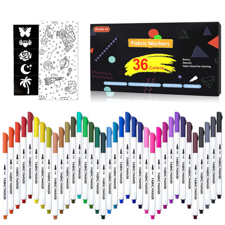 Shuttle Art 36 Colors Fabric Markers, Fabric Markers Permanent Markers for T-Shirts Clothes Sneakers Jeans with 11 Stencils 1 Fabric Sheet, Permanent Shuttle Art