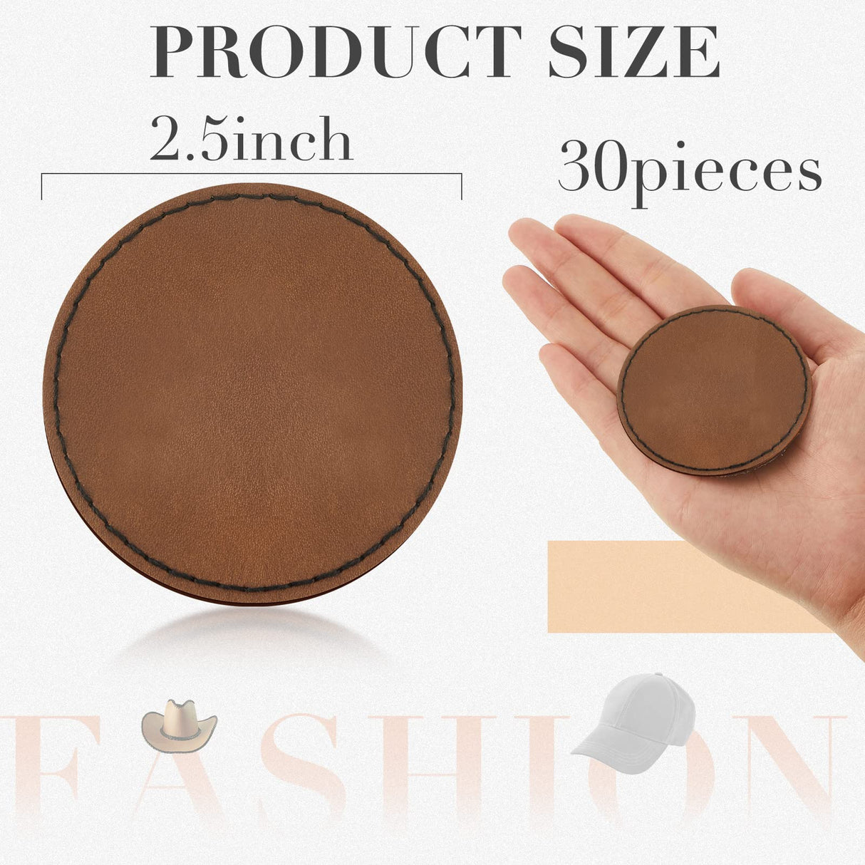 30 Pcs Blank Leather Hat Patches with Adhesive Round Laserable Leatherette Patch Brown Faux Leather Patches Glowforge Laser Supplies for Hats, Dunzy