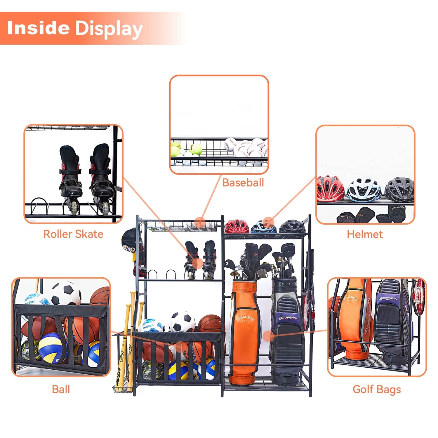 WALMANN Garage Sports Equipment Organizer, Golf Bag Stand for Garage Ball Storage Rack Indoor/Outdoor Kids Toys Storage Organizer Bins, Ball Holder WALMANN