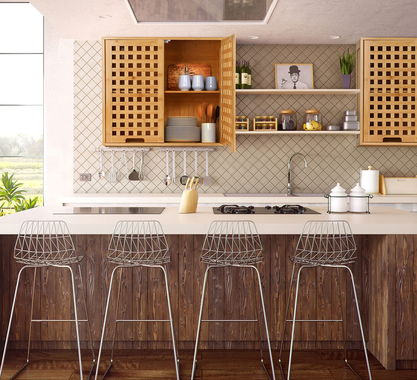 ZYBT Natural Bamboo Bathroom Wall Cabinet with Doors and Shelves, Over The Toilet Storage Solution ZYBT