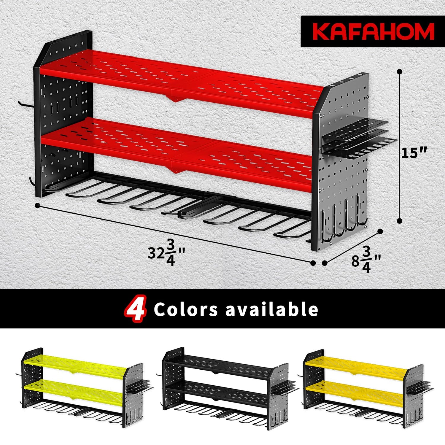 KAFAHOM Power Tool Organizer, Large 8 Drill Holder Wall Mount with 2 Side Pegboards, Heavy Duty Metal Tool Shelf with 12 Hooks, Storage Rack for KAFAHOM
