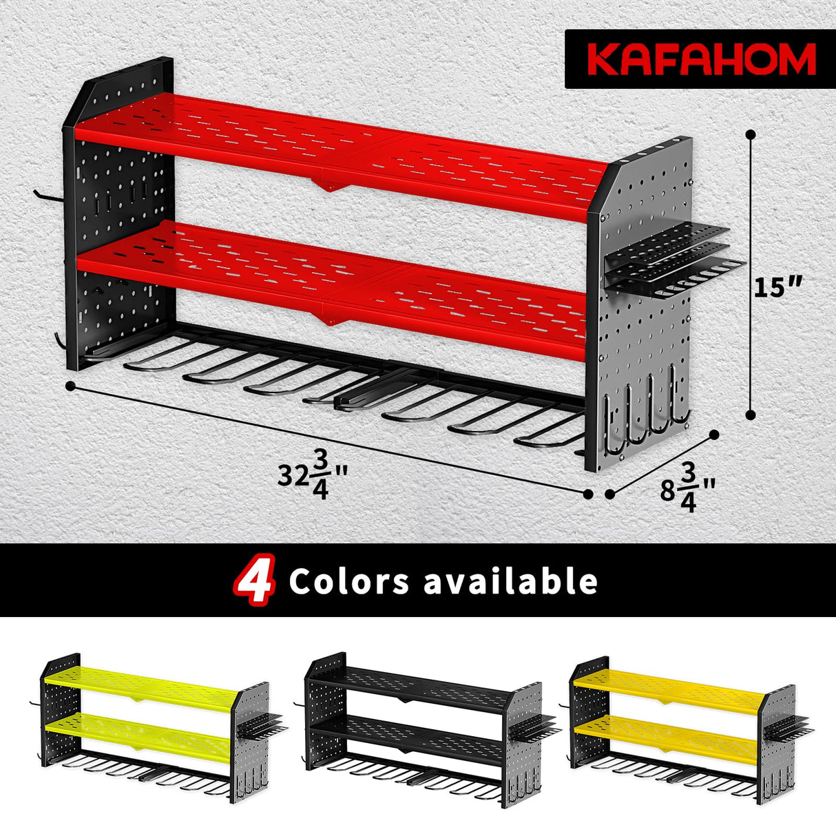 KAFAHOM Power Tool Organizer, Large 8 Drill Holder Wall Mount with 2 Side Pegboards, Heavy Duty Metal Tool Shelf with 12 Hooks, Storage Rack for KAFAHOM