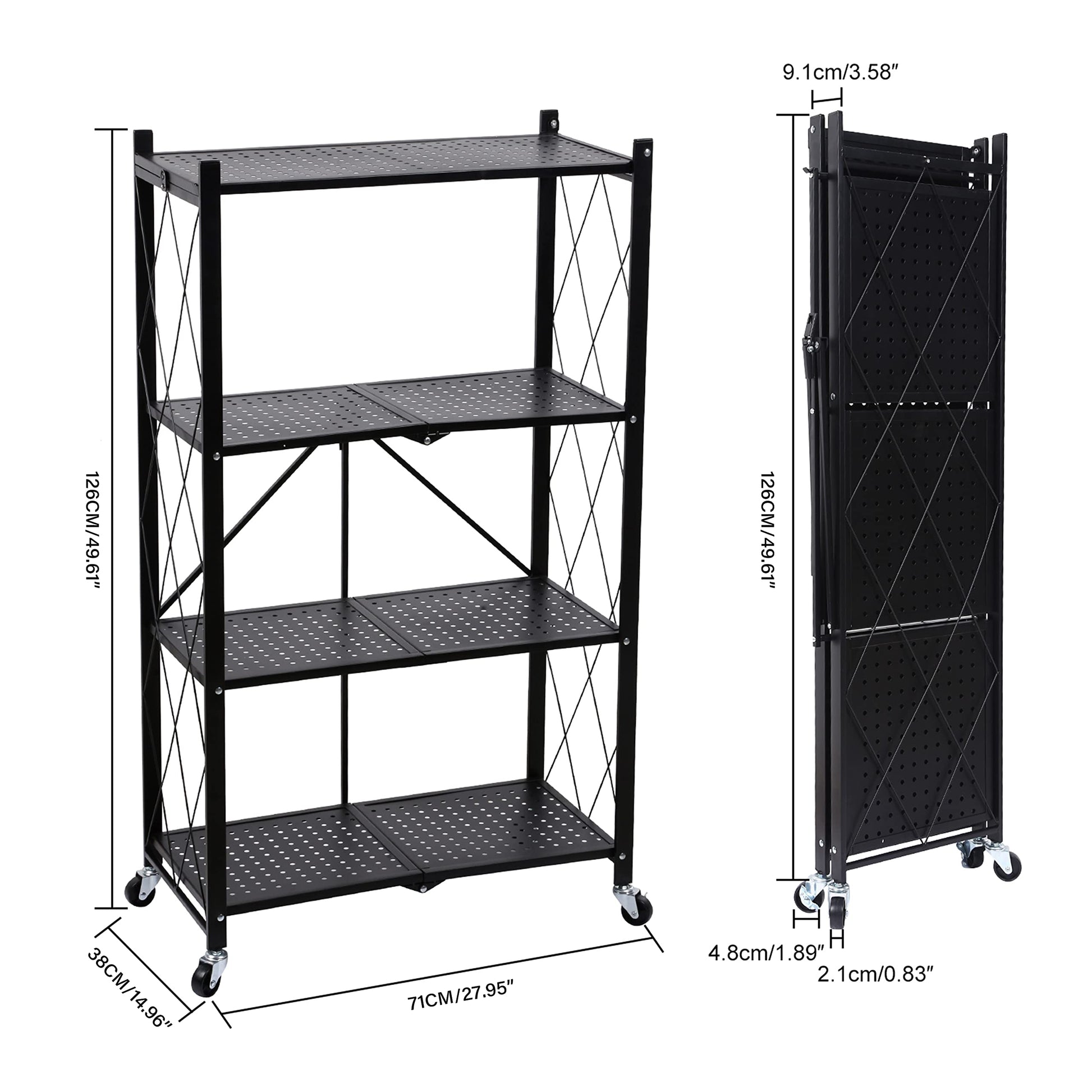 YSSOA 4-Tier Heavy Duty Foldable Metal Rack Storage Shelving Unit with Wheels Moving Easily Organizer Shelves Great for Garage Kitchen, Black - WoodArtSupply