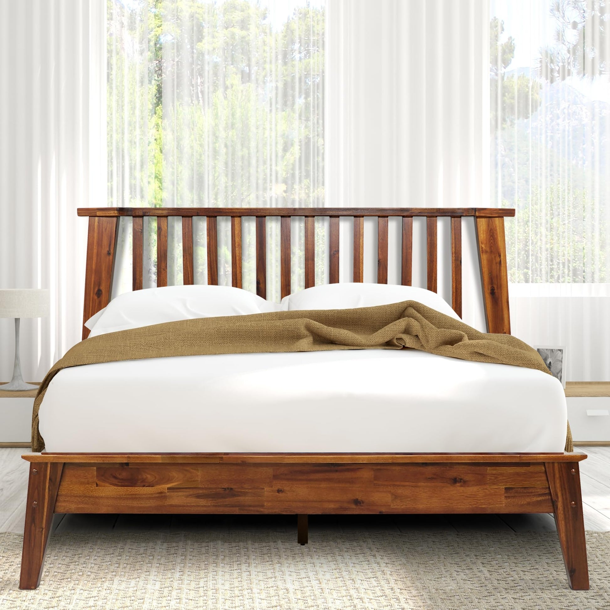 A Acacia Furniture Kaylin Queen Bed Frame with Headboard - Solid Wood Scandinavian Design - WoodArtSupply