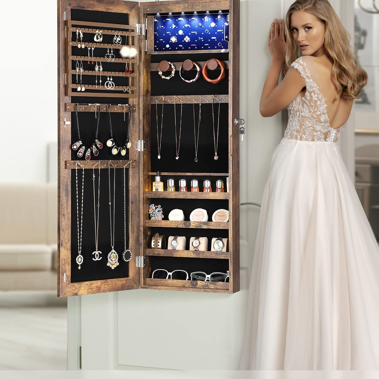 Nicetree 6 LEDs Mirror Jewelry Cabinet with 3 Improvements, 4.2" D Door/Wall Mounted Jewelry Armoire with Full Length Mirror, Larger Capacity, Nicetree