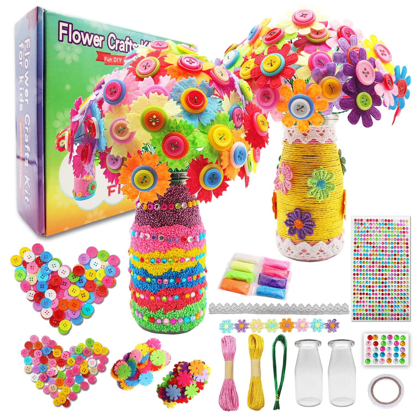 Crafts for Girls Ages 6-10 Make Your Own Flower Bouquet with Buttons and Felt Flowers, Vase Art and Craft for Children - DIY Activity Christmas - WoodArtSupply