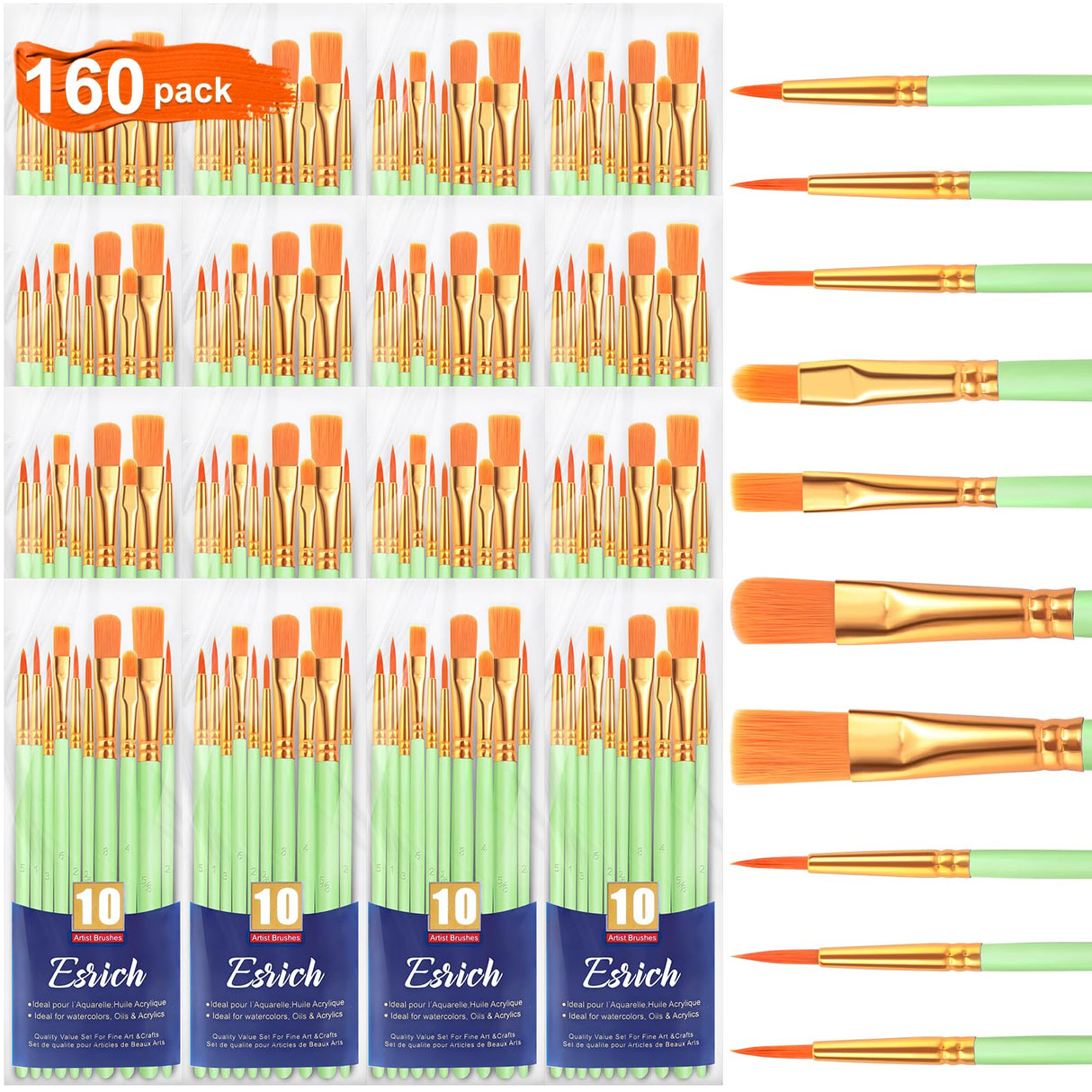 ESRICH Acrylic Paint Brushes Set, 16 Packs/160 Pcs, Nylon Brush Head, Suitable for Acrylic, Oil, Watercolor, Rock Body Face Nail Art, Perfect Suit of ESRICH