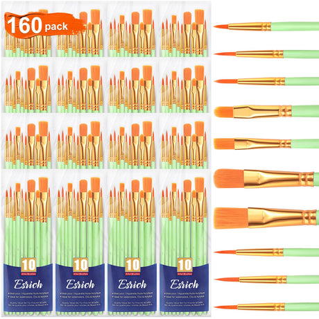 ESRICH Acrylic Paint Brushes Set, 16 Packs/160 Pcs, Nylon Brush Head, Suitable for Acrylic, Oil, Watercolor, Rock Body Face Nail Art, Perfect Suit of ESRICH