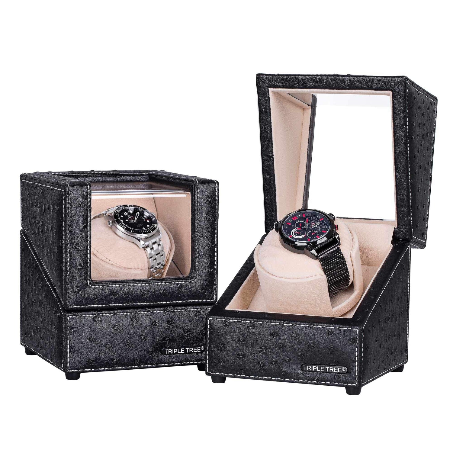 TRIPLE TREE Single Watch Winder Newly Upgraded, with Flexible Plush Pillow, in Wood Shell and Black Leather, Japanese Motor, 4 Rotation Mode Setting, TRIPLE TREE