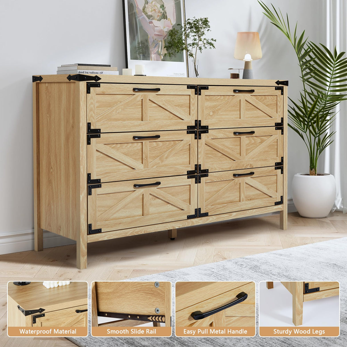 wirrytor Modern Farmhouse 6 Drawer Double Dresser for Bedroom, Wide Rustic Chest of Drawers, Wooden Dresser Chest Storage Organizer for Nursery, wirrytor