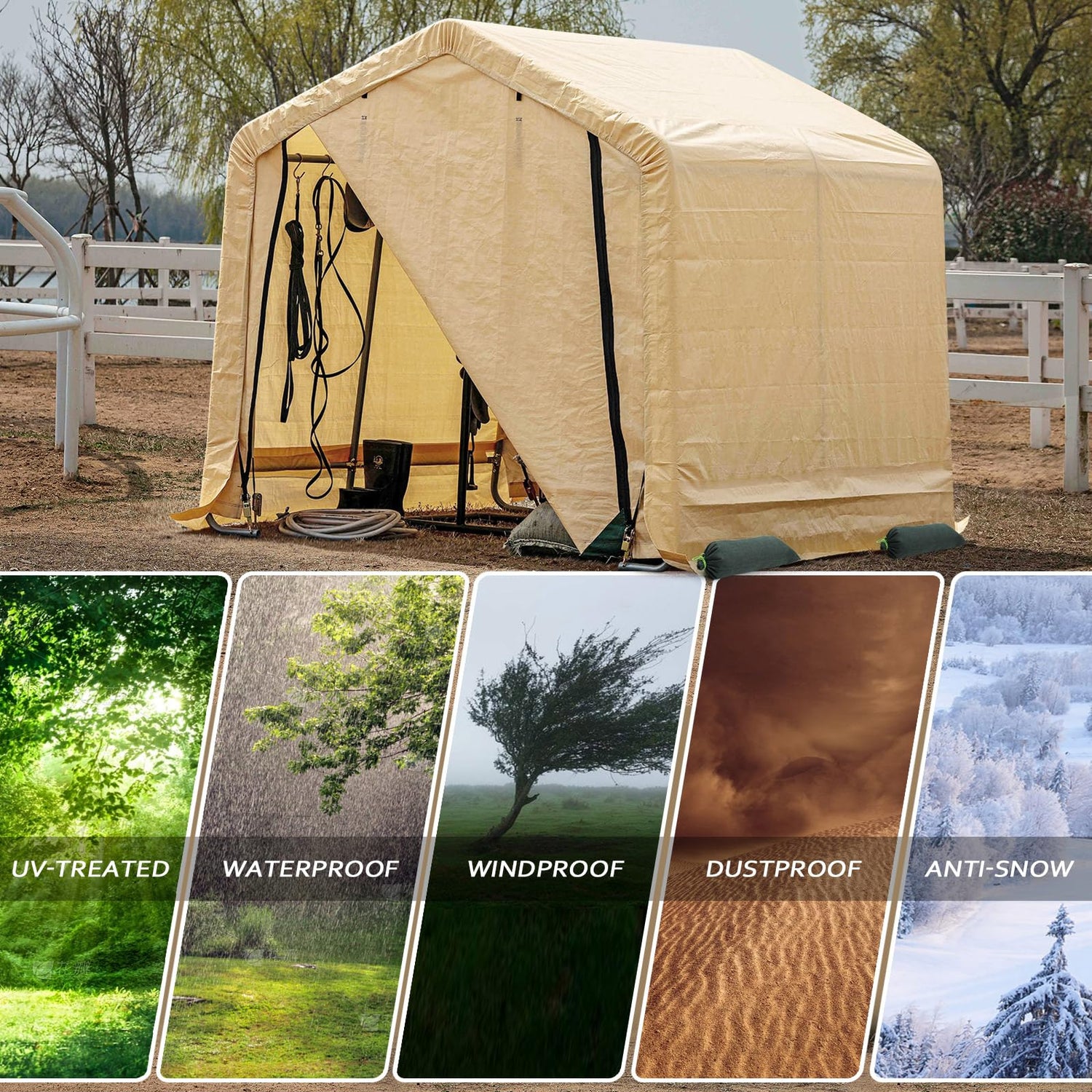 Weather Fast 6x6 Ft Heavy Duty Outdoor Storage Shed Shelter with Roll-up Zipper Door S-Hooks and Sandbags, Waterproof and UV Resistant Portable Weather Fast